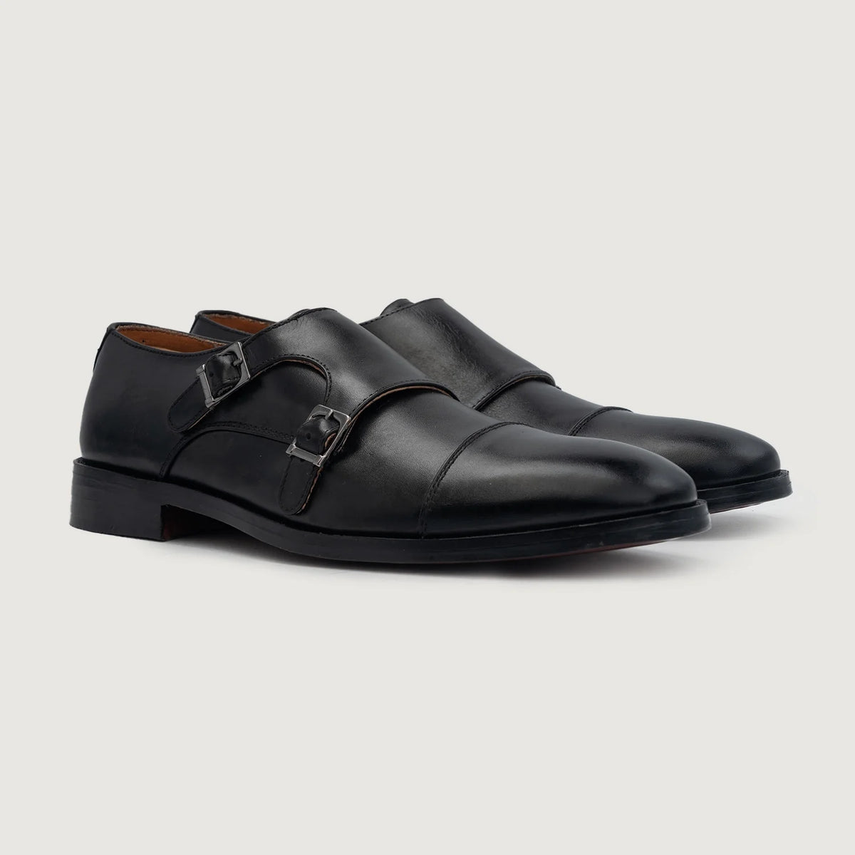 Boston Double Monk Strap Black Leather Shoes For Men in Black Full-Grain Leather - Lateral Side Profile View | Buy Online