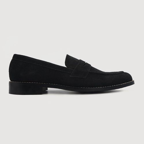 Black Goatskin Suede Leather Loafers - Goodyear Welt Construction & Front Toe Box Detail