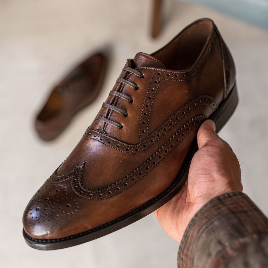 Tailored Rib Cuffs & Hem Craftsmanship Construction Detail on Aviator Cinnamon Leather Shoes