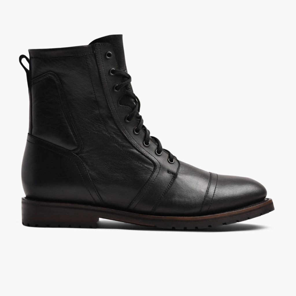 Casa Moto Black Leather Boots - Lateral Side Profile View Showing Sleeve Cut & Athletic Taper Fit