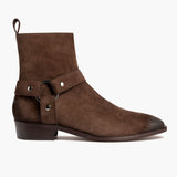 Dark Brown Goatskin Suede Leather Boots - Goodyear Welt Construction & Front Toe Box Detail