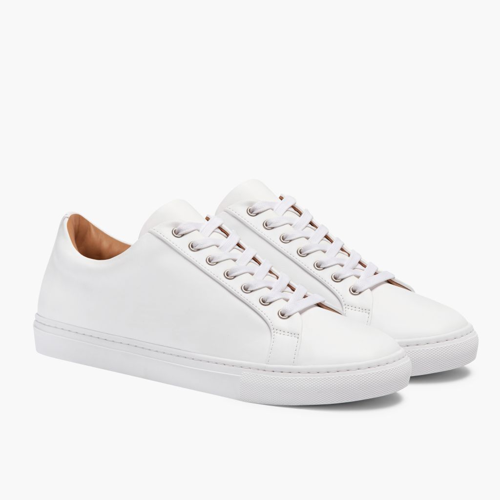 Premier Low Top White Leather Sneakers For Men in White Full-Grain Leather - Lateral Side Profile View | Buy Online