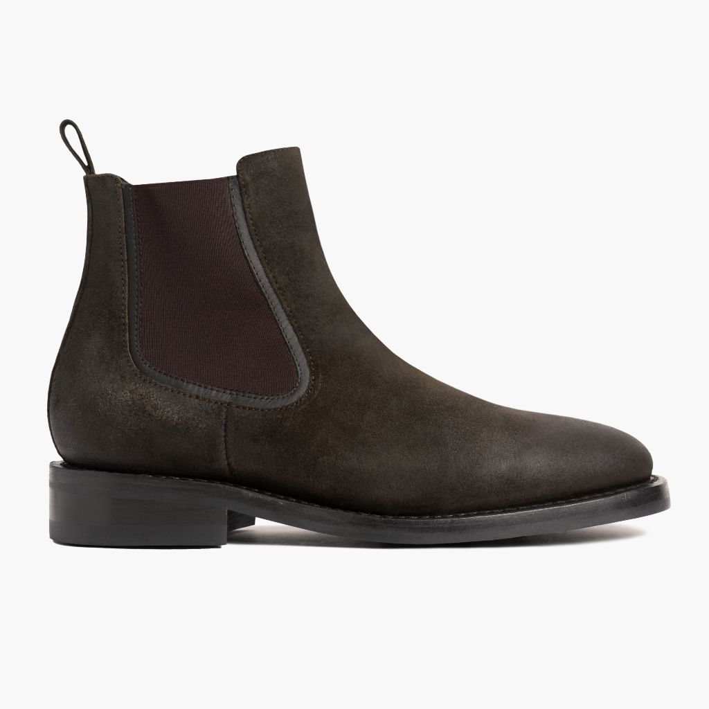 Olive Goatskin Suede Leather Boots - Goodyear Welt Construction & Front Toe Box Detail