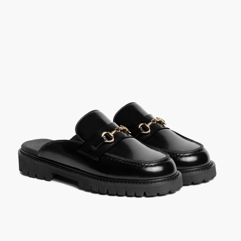 Penny Mule Black & Gold Leather Loafers