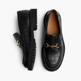 Women's Penny Black & Gold Croco Leather Loafers - Reinforced Heel Counter & Precision Double-Row Stitching Detail