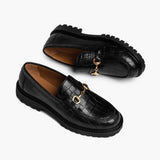 High-Traction Rubber Outsole & Lug Tread Pattern on Women's Penny Black & Gold Croco Leather Loafers