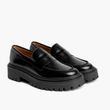 Women's Penny Platform Black Leather Loafers in Black Full-Grain Leather - Lateral Side Profile View | Buy Online