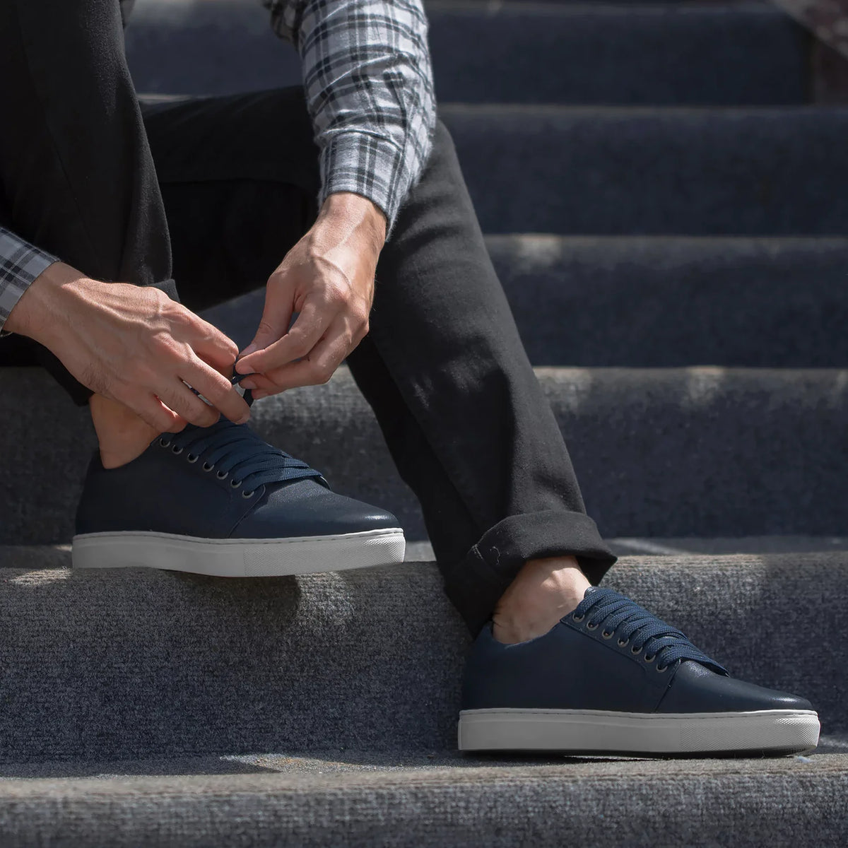 High-Traction Rubber Outsole & Lug Tread Pattern on Murphy Low Top Midnight Blue Leather Sneakers