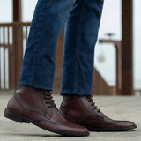 Tailored Rib Cuffs & Hem Craftsmanship Construction Detail on Duster Brogues Derby Brown Burnished Leather Boots - StudGuard