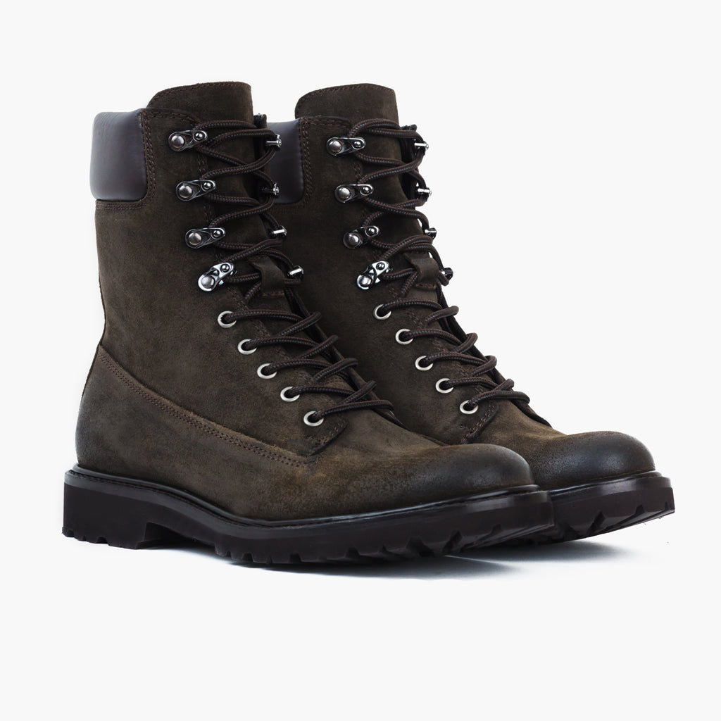 Explorer Dark Olive Suede Leather Boots in Olive Goatskin Suede - Lateral Side Profile View | Buy Online