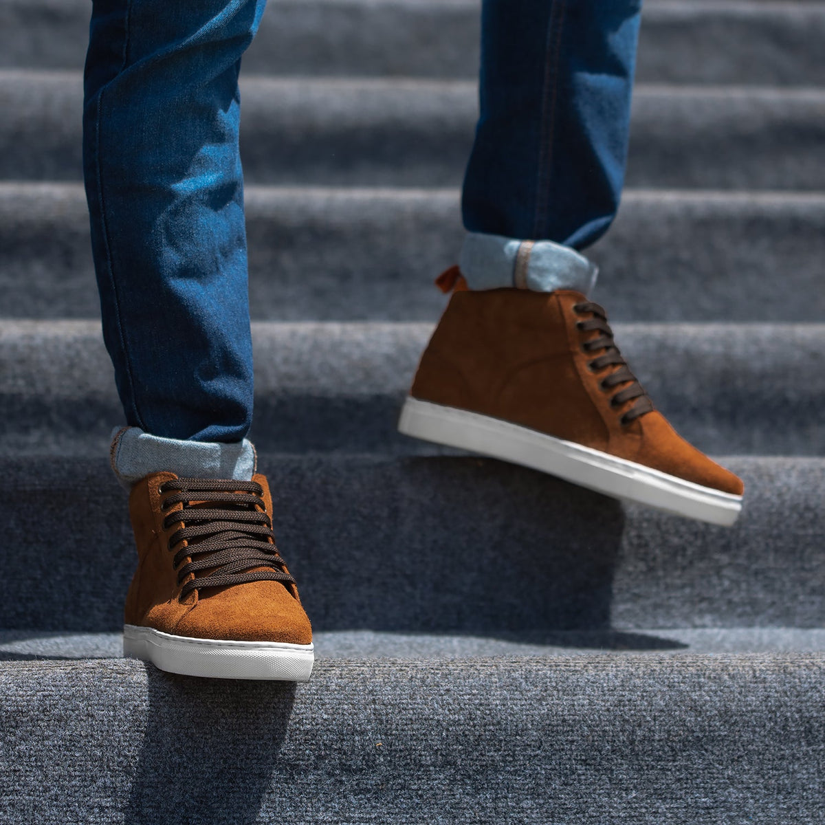 High-Traction Rubber Outsole & Lug Tread Pattern on Marty High Top Brown Suede Sneakers