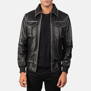 Men's Aaron Distressed Black Leather Bomber Jacket in Black Cowhide Leather - Front Profile View &amp; Tailored Silhouette | Buy Online