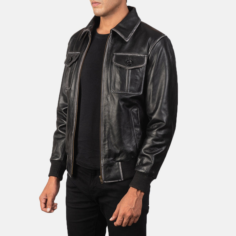 Black Cowhide Leather Bomber Jacket - Back View Showing Tailored Shoulder Fit & Clean Hemline