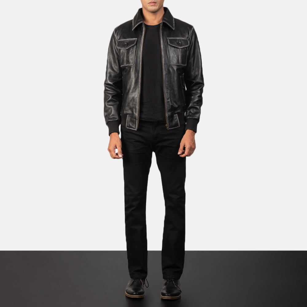 Men's Aaron Distressed Black Leather Bomber Jacket - Lateral Side Profile View Showing Sleeve Cut & Athletic Taper Fit
