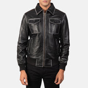 Close-Up Detail of High Neck &amp; Zipper Hardware on Men's Aaron Distressed Black Leather Bomber Jacket