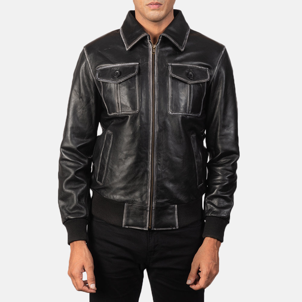 Close-Up Detail of High Neck & Zipper Hardware on Men's Aaron Distressed Black Leather Bomber Jacket