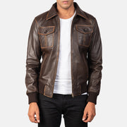 Men's Aaron Distressed Brown Leather Bomber Jacket in Brown Goatskin Leather - Front Profile View &amp; Tailored Silhouette | Buy Online