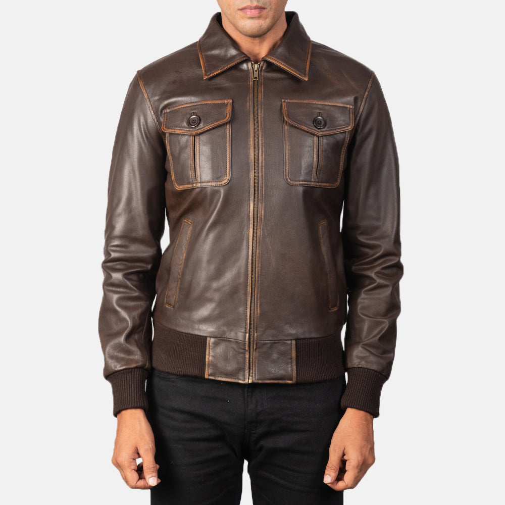 Men's Aaron Distressed Brown Leather Bomber Jacket - Lateral Side Profile View Showing Sleeve Cut &amp; Athletic Taper Fit
