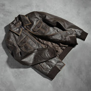 Knit Rib &amp; Hem Craftsmanship Construction Detail on Men's Aaron Distressed Brown Leather Bomber Jacket