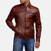 Distressed Brown Sheep Skin Burnishing Biker Jacket - Back View Showing Tailored Shoulder Fit &amp; Clean Hemline