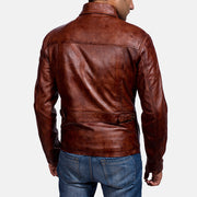 Close-Up Detail of Shirt &amp; Zipper Hardware on Men's Abstract Maroon Leather Jacket