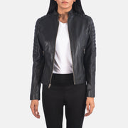 Women's Adalyn Quilted Black Leather Biker Jacket in Black Sheepskin Leather - Front Profile View &amp; Tailored Silhouette | Buy Online