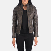 Women's Adalyn Quilted Distressed Brown Leather Biker Jacket in Distressed Brown Goatskin Leather - Front Profile View &amp; Tailored Silhouette | Buy Online