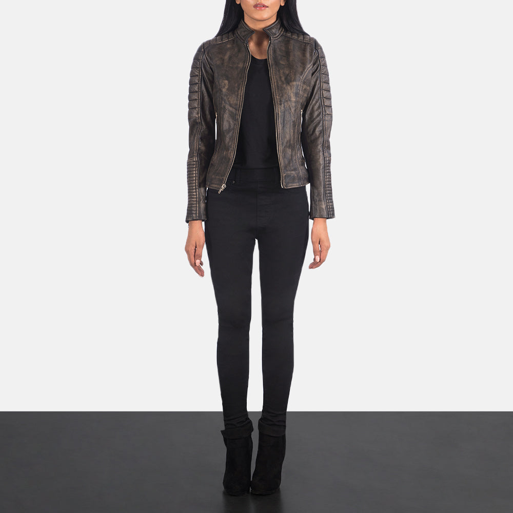 Women's Adalyn Quilted Distressed Brown Leather Biker Jacket - Lateral Side Profile View Showing Sleeve Cut &amp; Athletic Taper Fit