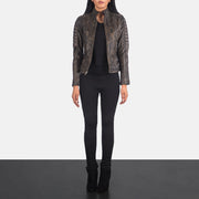 Women's Adalyn Quilted Distressed Brown Leather Biker Jacket - Lateral Side Profile View Showing Sleeve Cut &amp; Athletic Taper Fit