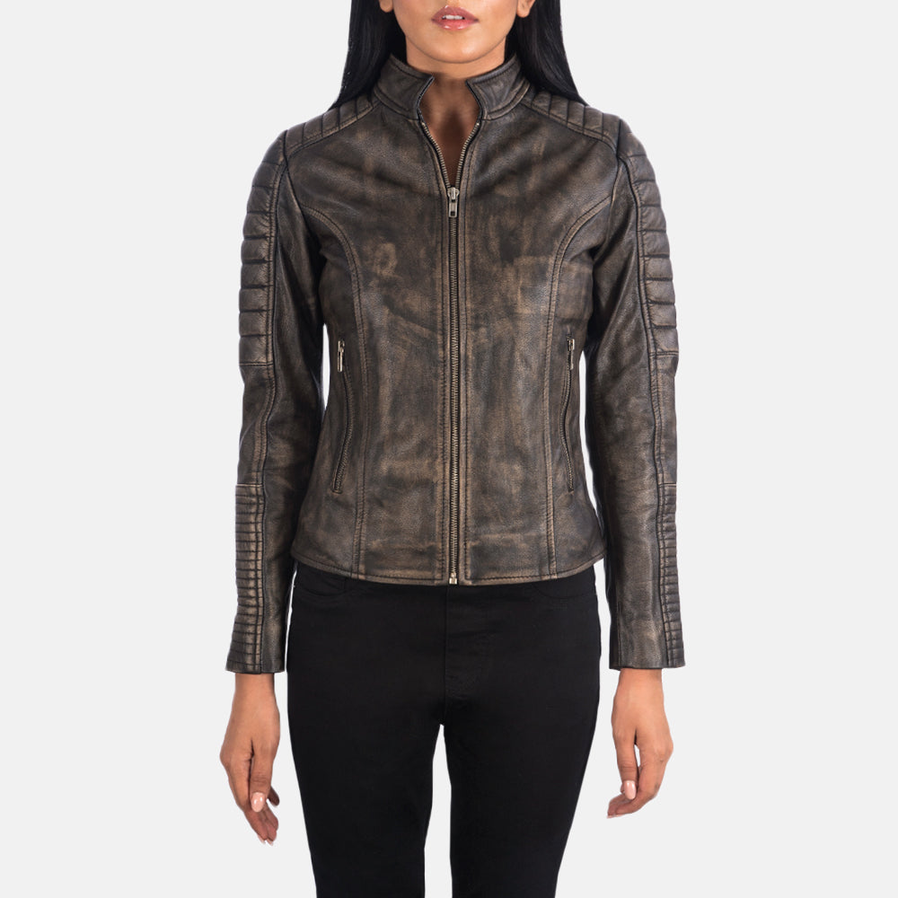 Close-Up Detail of Band &amp; Zipper Hardware on Women's Adalyn Quilted Distressed Brown Leather Biker Jacket