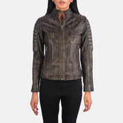 Close-Up Detail of Band &amp; Zipper Hardware on Women's Adalyn Quilted Distressed Brown Leather Biker Jacket