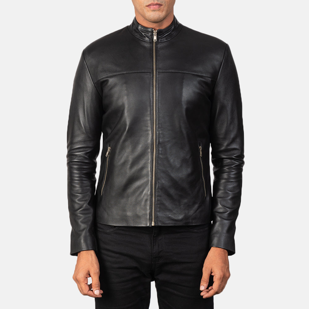 
Men's Adornica Black Leather Biker Jacket - Lateral Side Profile View Showing Sleeve Cut & Athletic Taper Fit