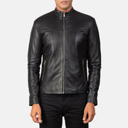 
Men's Adornica Black Leather Biker Jacket - Lateral Side Profile View Showing Sleeve Cut & Athletic Taper Fit