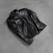 
Styled Fit Perspective of Men's Adornica Black Leather Biker Jacket on Model - Natural Daylight Drape