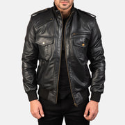 Men's Agent Shadow Black Leather Bomber Jacket in Black Sheepskin Leather - Front Profile View &amp; Tailored Silhouette | Buy Online