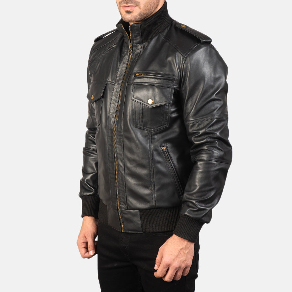 Black Sheepskin Leather Bomber Jacket - Back View Showing Tailored Shoulder Fit &amp; Clean Hemline