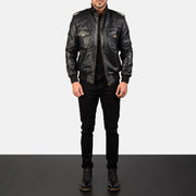 Men's Agent Shadow Black Leather Bomber Jacket - Lateral Side Profile View Showing Sleeve Cut &amp; Athletic Taper Fit
