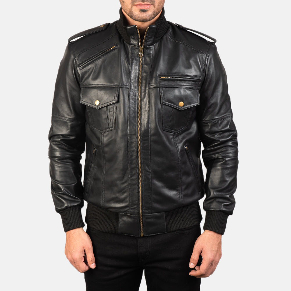 Close-Up Detail of High neck &amp; Zipper Hardware on Men's Agent Shadow Black Leather Bomber Jacket