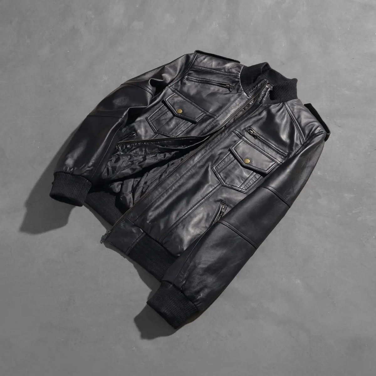 Styled Fit Perspective of Men's Agent Shadow Black Leather Bomber Jacket on Model - Natural Daylight Drape