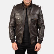 Men's Agent Shadow Brown Leather Bomber Jacket in Brown Sheepskin Leather - Front Profile View &amp; Tailored Silhouette | Buy Online