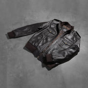 Styled Fit Perspective of Men's Agent Shadow Brown Leather Bomber Jacket on Model - Natural Daylight Drape