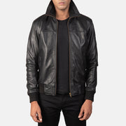 Men's Air Rolf Black Leather Bomber Jacket in Black Sheepskin Leather - Front Profile View &amp; Tailored Silhouette | Buy Online