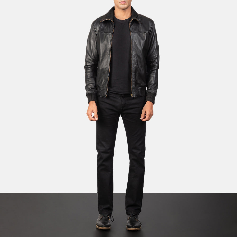 Men's Air Rolf Black Leather Bomber Jacket - Lateral Side Profile View Showing Sleeve Cut &amp; Athletic Taper Fit