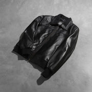 Rib Knit &amp; Hem Craftsmanship Construction Detail on Men's Air Rolf Black Leather Bomber Jacket
