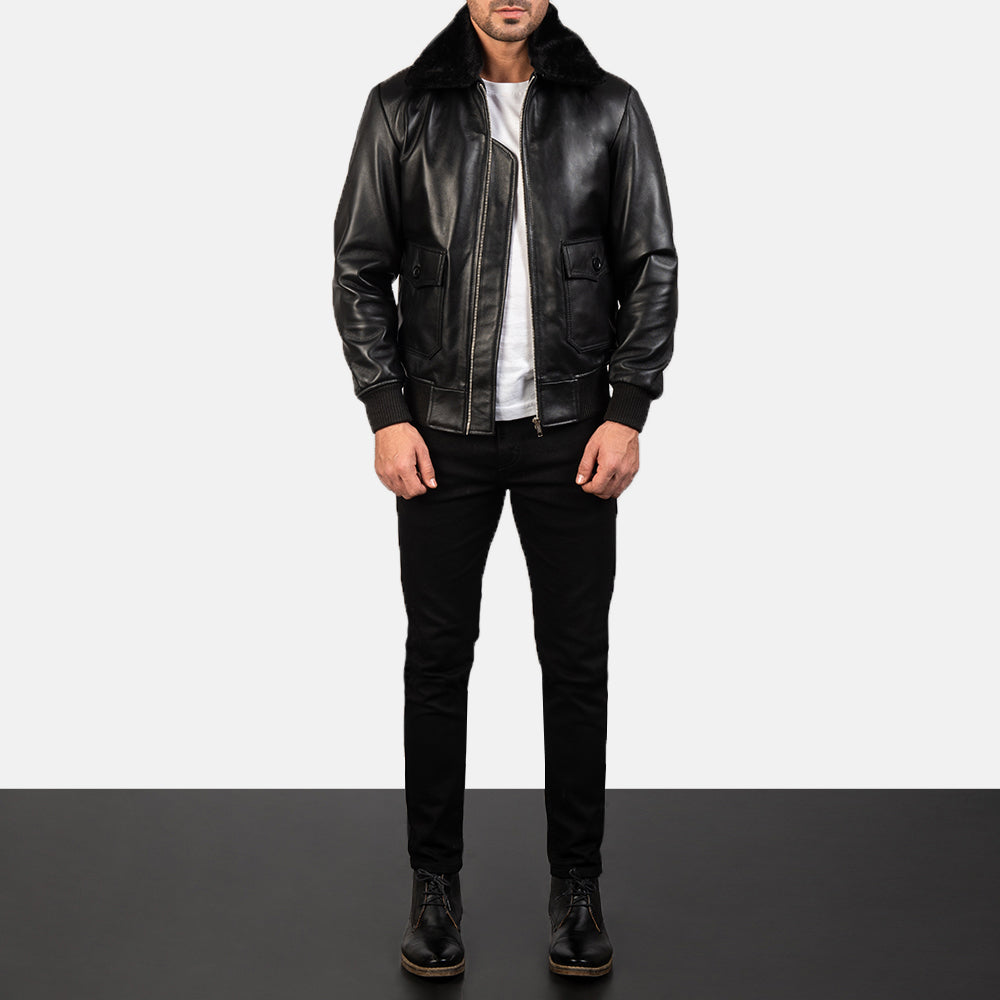 Men's Airin G-1 Black Leather Bomber Jacket - Lateral Side Profile View Showing Sleeve Cut &amp; Athletic Taper Fit