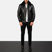 Men's Airin G-1 Black Leather Bomber Jacket - Lateral Side Profile View Showing Sleeve Cut &amp; Athletic Taper Fit