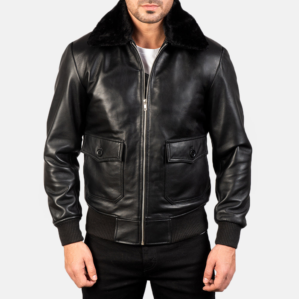 Close-Up Detail of Shirt with Removable Fur &amp; Zipper Hardware on Men's Airin G-1 Black Leather Bomber Jacket