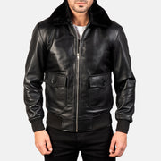 Close-Up Detail of Shirt with Removable Fur &amp; Zipper Hardware on Men's Airin G-1 Black Leather Bomber Jacket