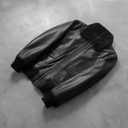Rib Knit &amp; Hem Craftsmanship Construction Detail on Men's Airin G-1 Black Leather Bomber Jacket