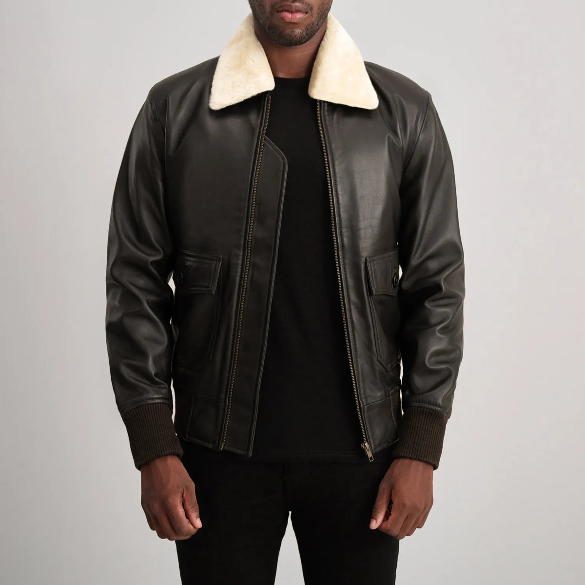 Airin G-1 Brown & Cream Leather Bomber Jacket in Brown Sheepskin Leather - Front Profile View & Tailored Silhouette | Buy Online